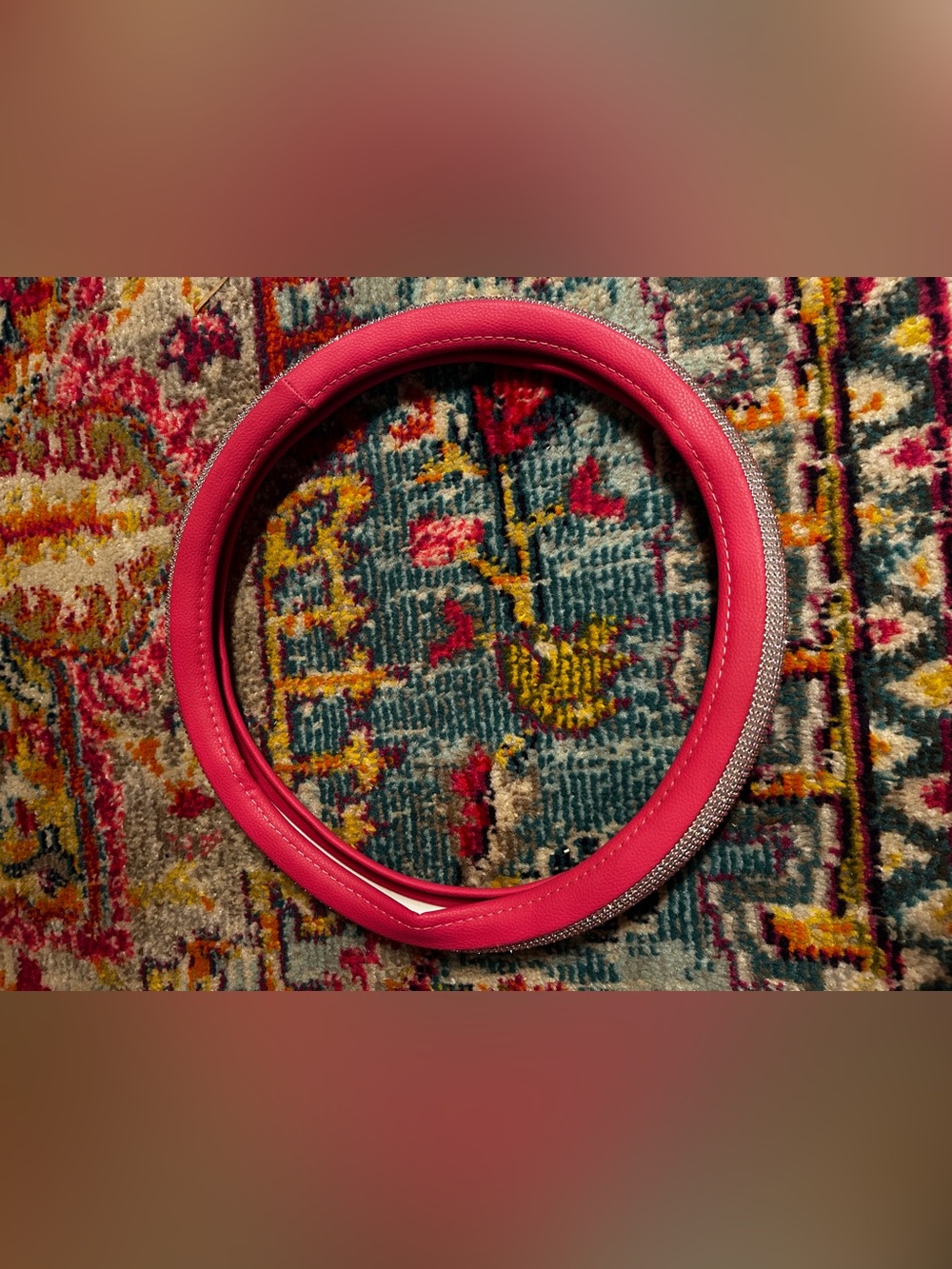 Hot Pink Steering Wheel Cover with Rhinestone Accent